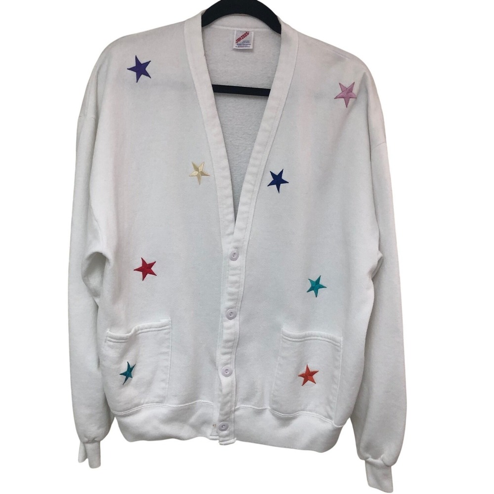 Vintage Jerzees Womens Embroidered Stars Sweatshirt Cardigan Y2K Celestial OS‎